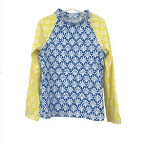 Mini Boden Rashguard Kids 8-9Y Long Sleeve Top Hotchpotch Coral Blue Yellow NWT